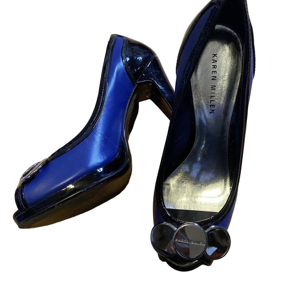 Karen Millen Heels EU Size 37 Blue Black Patent Leather Platform Peep Toe Heels